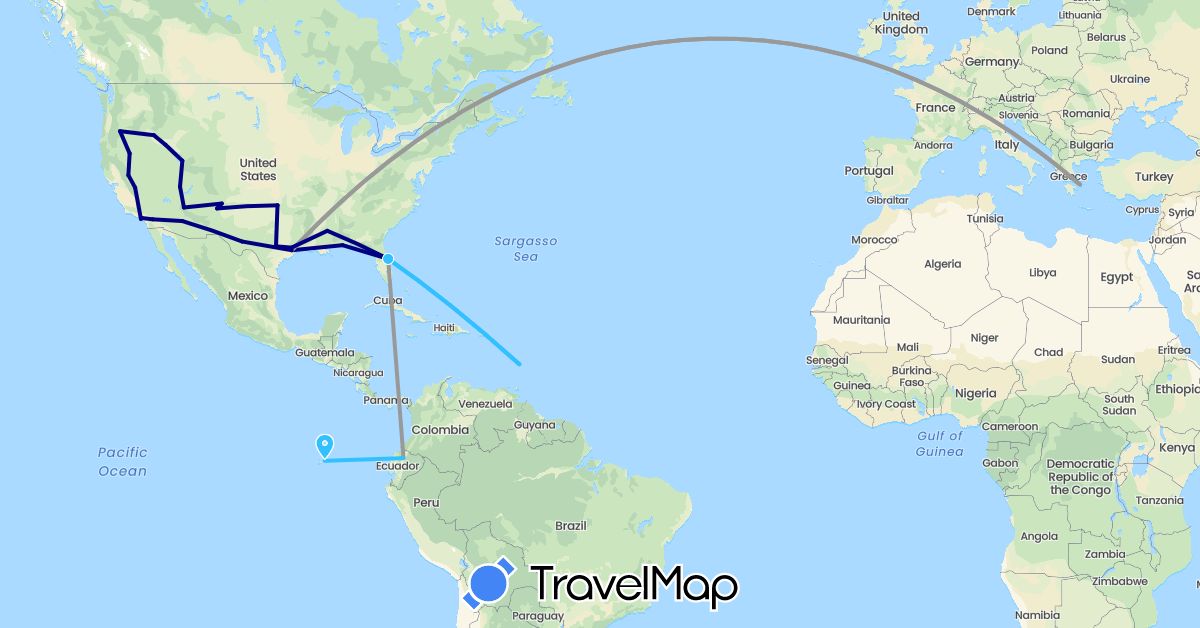 TravelMap itinerary: driving, plane, boat in Ecuador, Greece, Saint Lucia, United States (Europe, North America, South America)